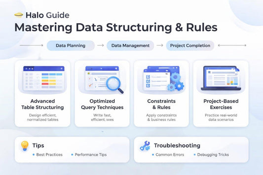 Halo Guide Mastering Data Structuring & Rules with icons and text on a light blue background