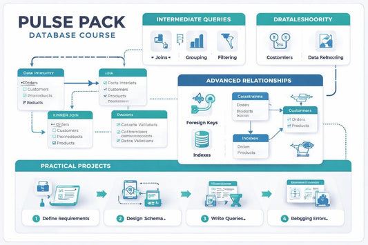 Diagram of a database course with various topics and steps.