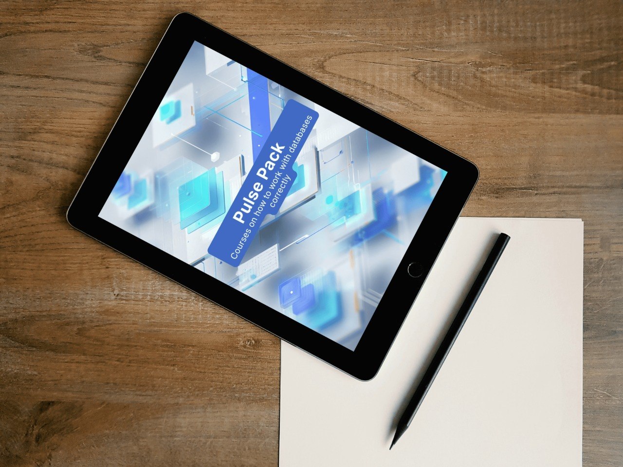 Tablet displaying a digital course pack on a wooden surface with a pen