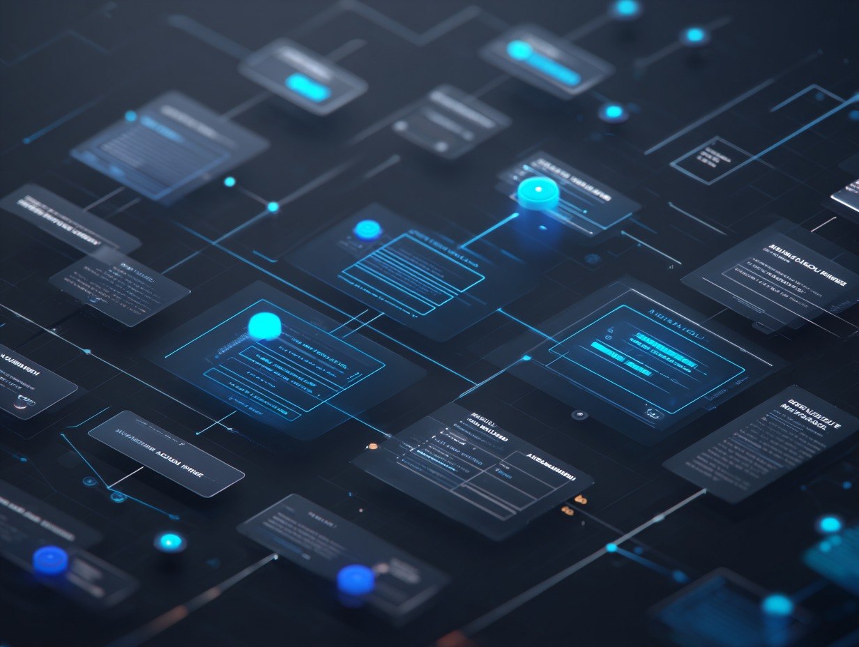 Network of interconnected blue digital nodes on a dark background