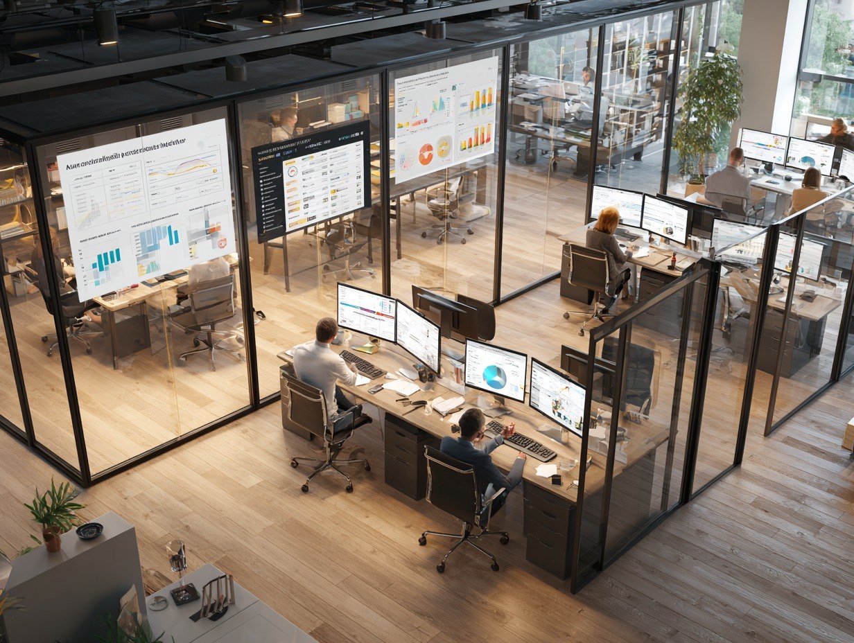 Modern office with employees working at their desks with multiple computer monitors.
