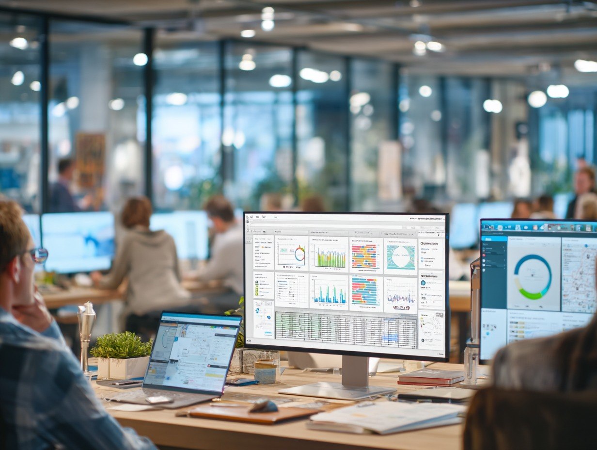 People working at desks with multiple computer monitors in a modern office setting.