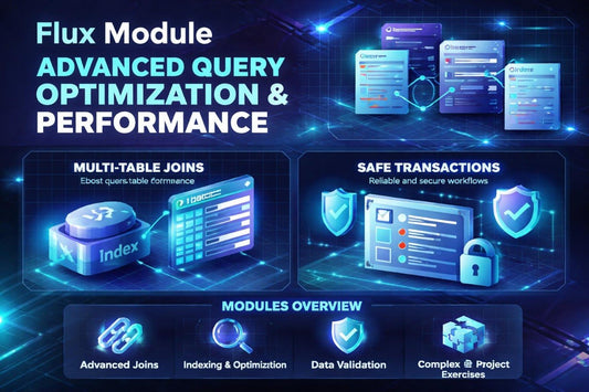 Flux Module infographic highlighting advanced query optimization and performance features with blue and black color scheme.