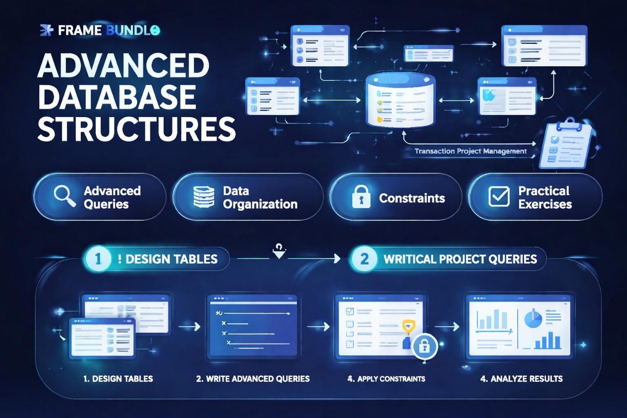 Diagram of advanced database structures with various components and steps on a dark background.