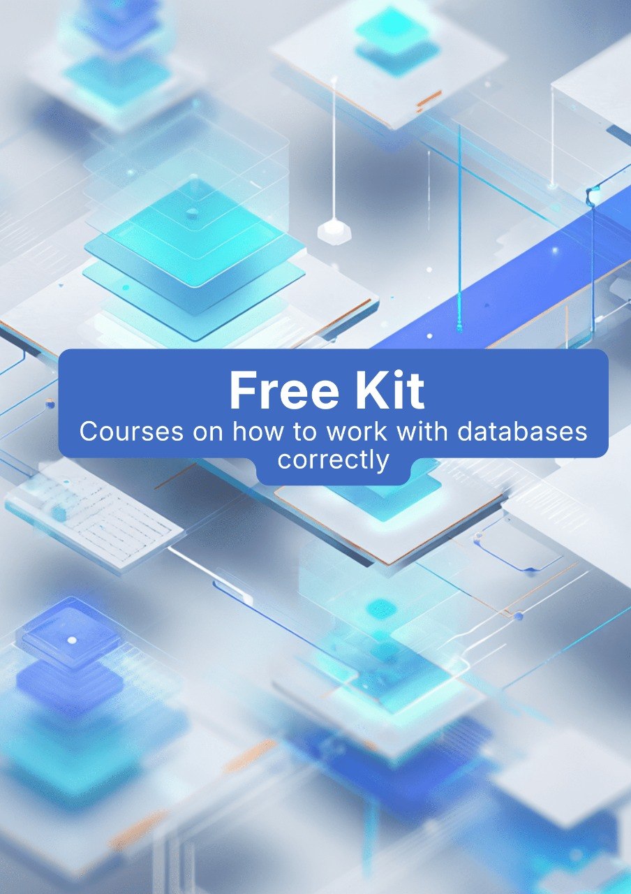 Promotional graphic for a free kit on working with databases, featuring abstract technology design.