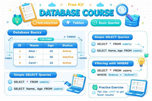 Database course introduction with tables, queries, and practice exercise on a colorful background