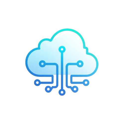 Blue cloud icon with circuitry on a white background