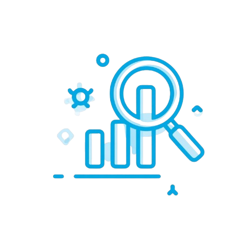 Icon of a magnifying glass over bar graph with data points on a white background