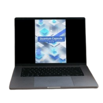 Laptop displaying a screen with text and graphics on a white background
