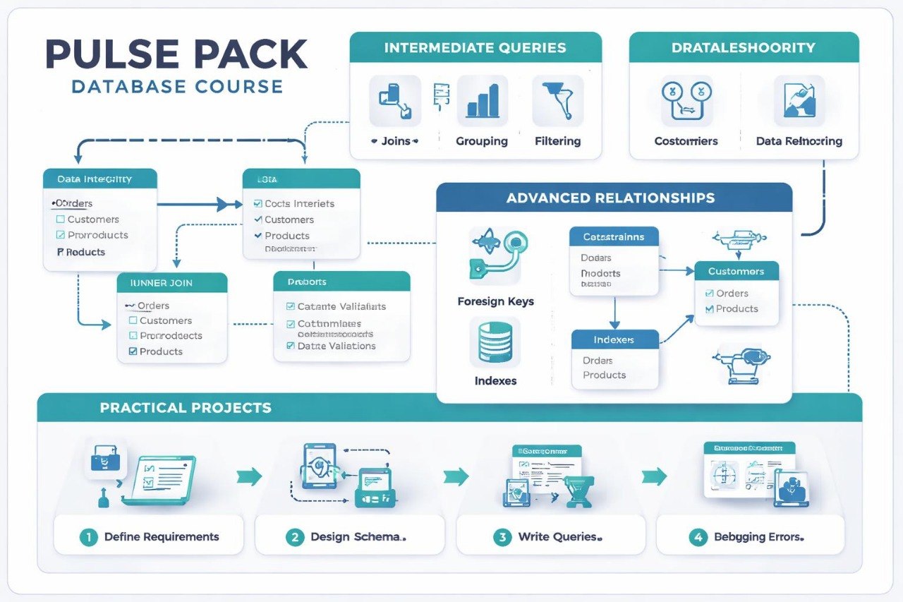Diagram of a database course with various topics and steps.