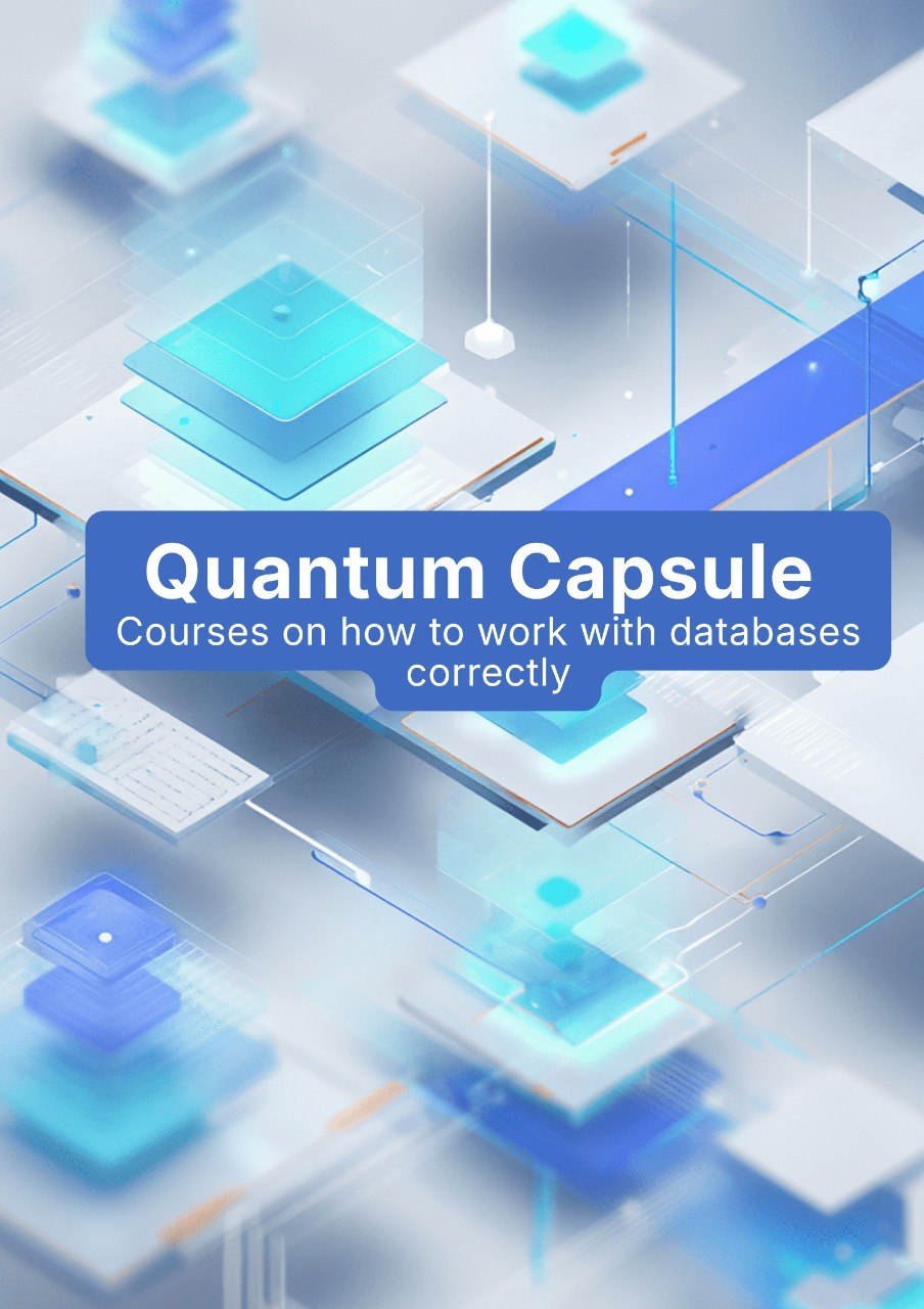 Promotional graphic for 'Quantum Capsule' courses on database work with futuristic design elements.