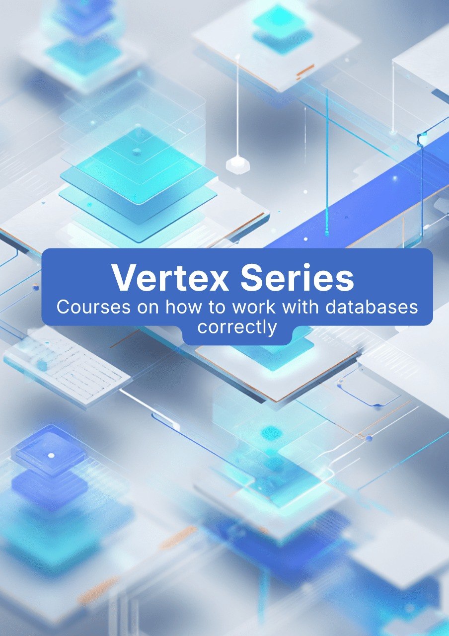 Promotional graphic for 'Vertex Series' courses on database work with abstract technology design.